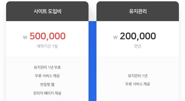 사이트 도입비 500,000원 제작기간 1일, 유지관리 200,000원 연간